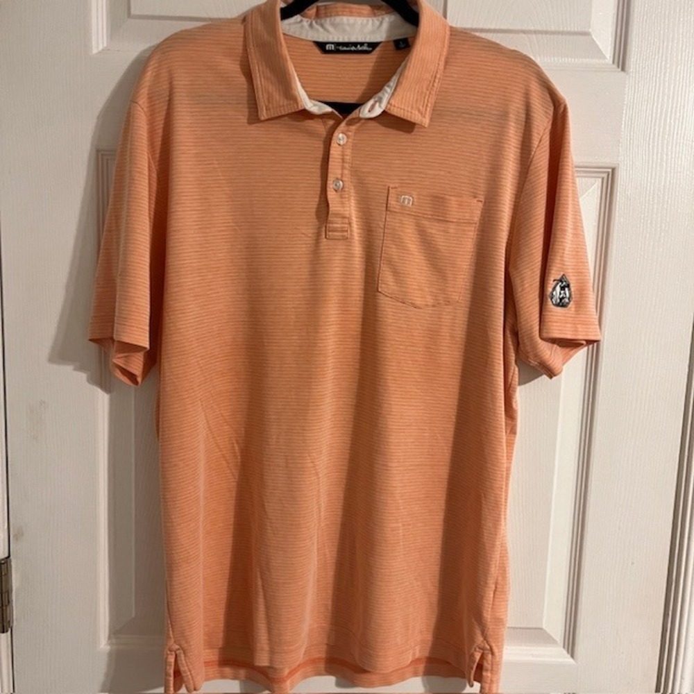 Travis Mathew Golf Polo Shirt Striped Short Sleeve with Logo Peach L‎